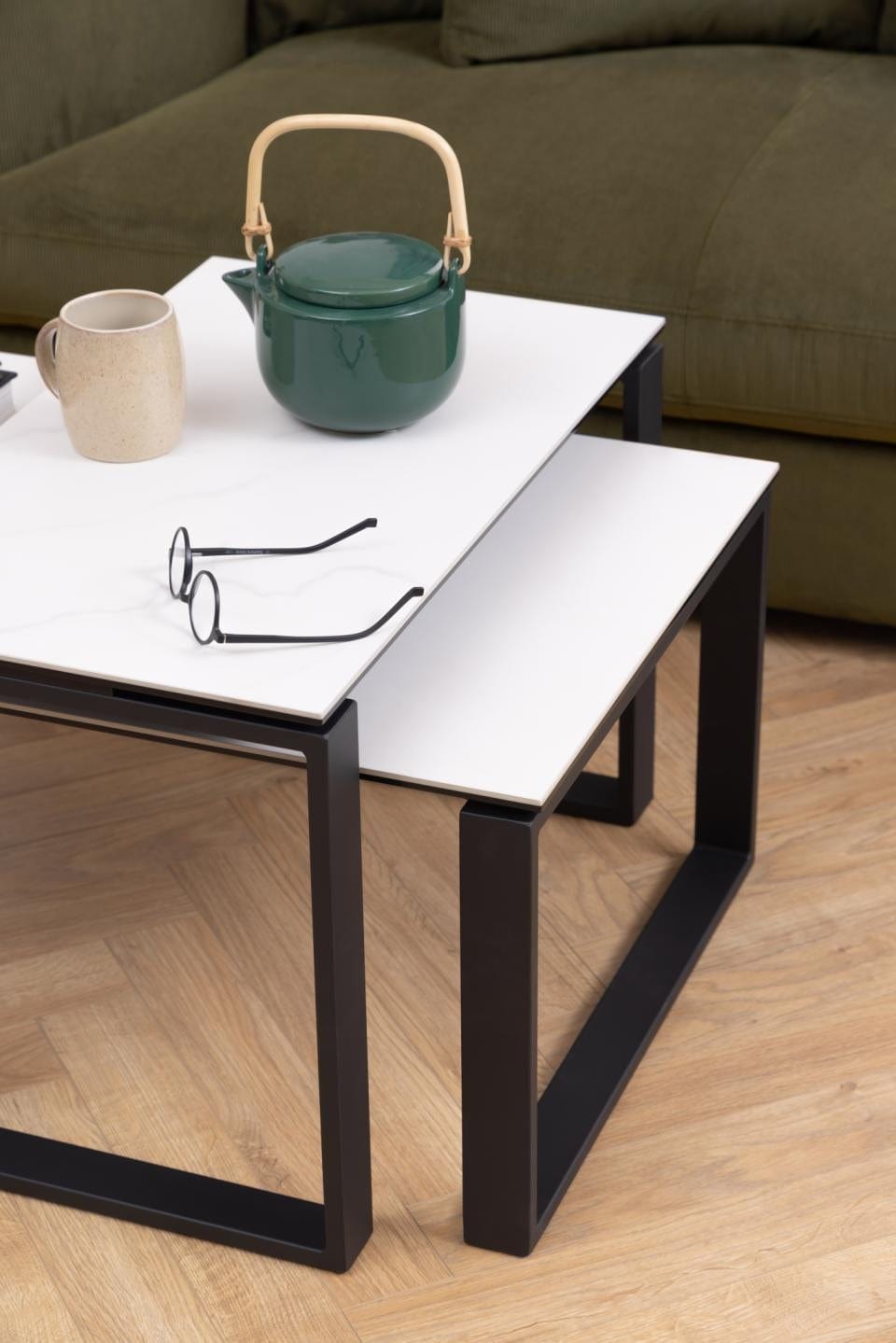 Set 2 mese de cafea din ceramica si metal, Katrine Alb / Negru, L115xl55xH37,5 cm / L69xl40xH45 cm (2)