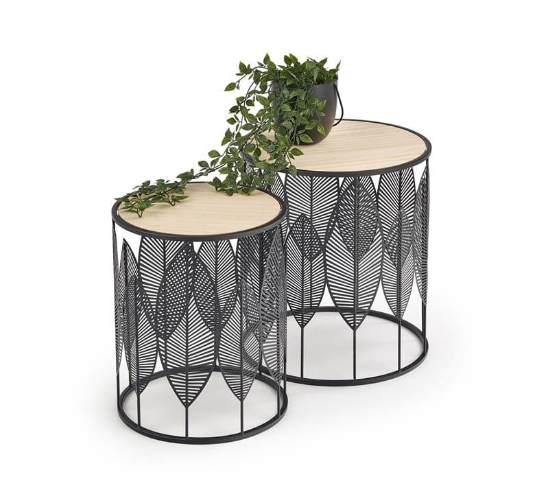Halmar Set 2 mese de cafea din MDF si metal Foley Natural / Negru, Ø40xH45 / Ø33xH40 cm