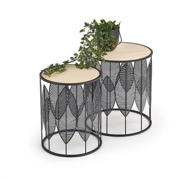 Halmar Set 2 mese de cafea din MDF si metal Foley Natural / Negru, Ø40xH45 / Ø33xH40 cm