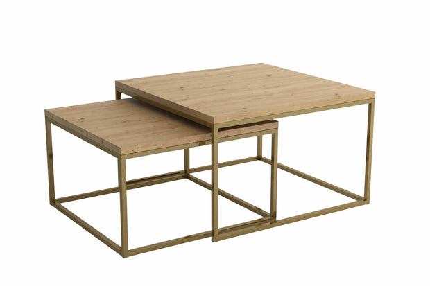 Set 2 mese de cafea din pal si metal, Ginos Natural / Auriu, L76xl76xH47 cm / L66xl66xH40 cm (5)