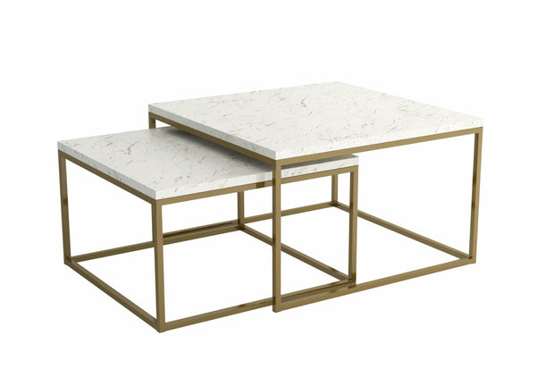 Set 2 mese de cafea din pal si metal, Ginos Natural / Auriu, L76xl76xH47 cm / L66xl66xH40 cm (7)