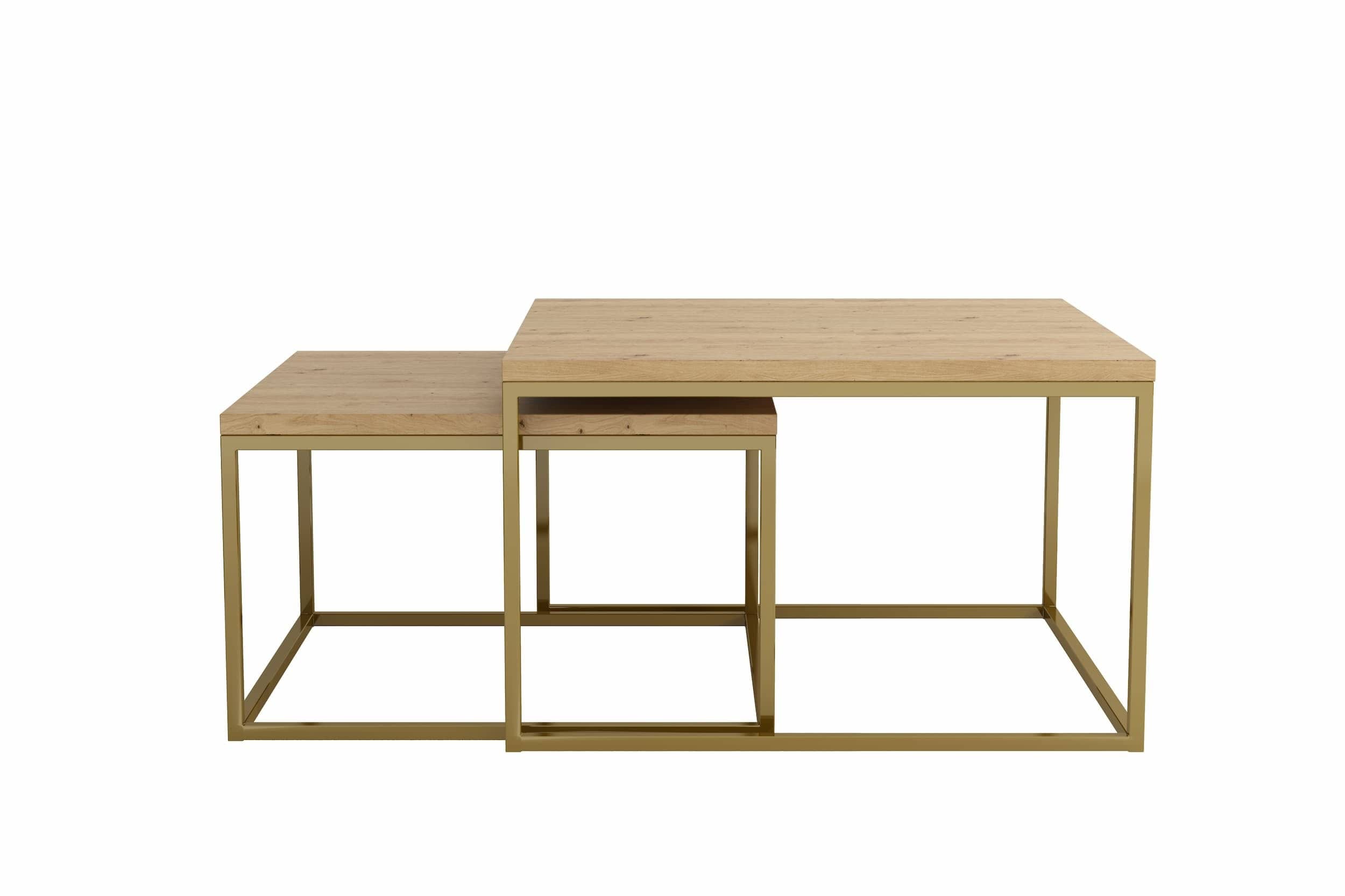 Set 2 mese de cafea din pal si metal, Ginos Natural / Auriu, L76xl76xH47 cm / L66xl66xH40 cm (8)