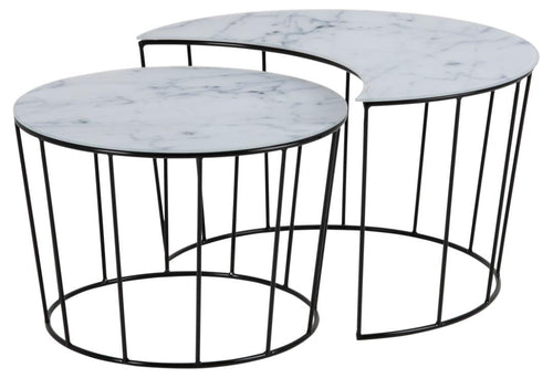 Set 2 mese de cafea din sticla si metal, Sunmoon Alb / Negru, Ø59xH45 cm / Ø58xH40 cm