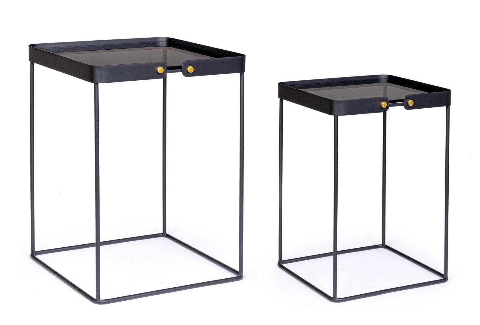Set 2 mese de cafea din sticla si metal Zeina Square Fumuriu / Negru, L41,5xl41,5xH56 cm / L36,5xl36,5xH51 cm