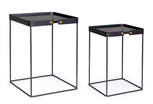 Set 2 mese de cafea din sticla si metal Zeina Square Fumuriu / Negru, L41,5xl41,5xH56 cm / L36,5xl36,5xH51 cm