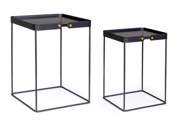 Set 2 mese de cafea din sticla si metal Zeina Square Fumuriu / Negru, L41,5xl41,5xH56 cm / L36,5xl36,5xH51 cm