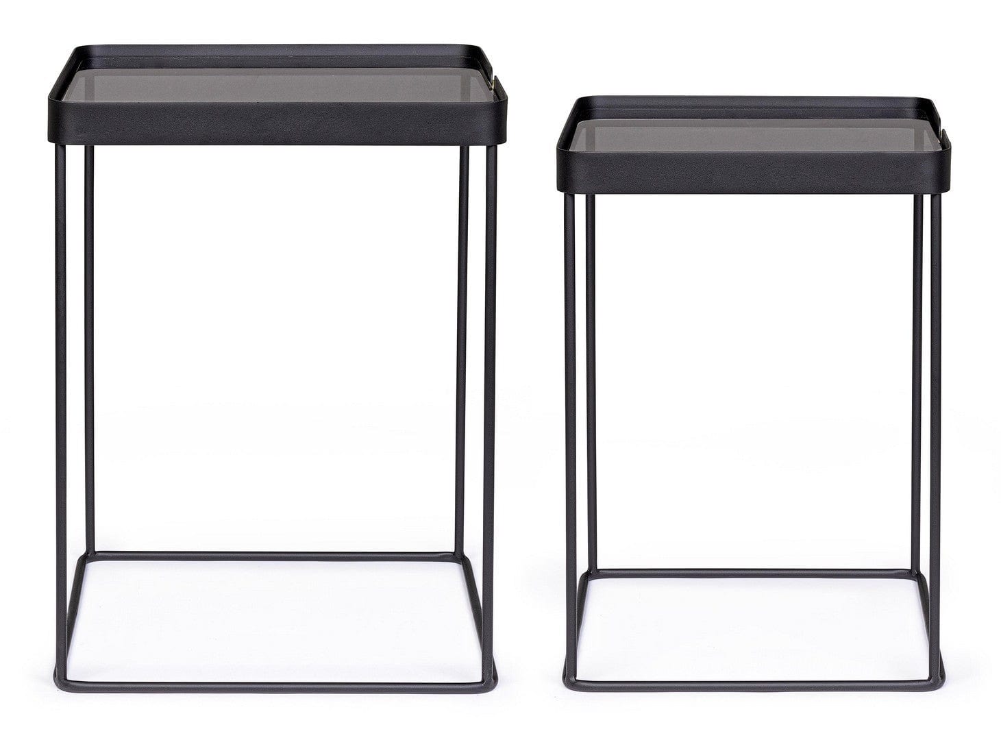 Set 2 mese de cafea din sticla si metal Zeina Square Fumuriu / Negru, L41,5xl41,5xH56 cm / L36,5xl36,5xH51 cm (1)