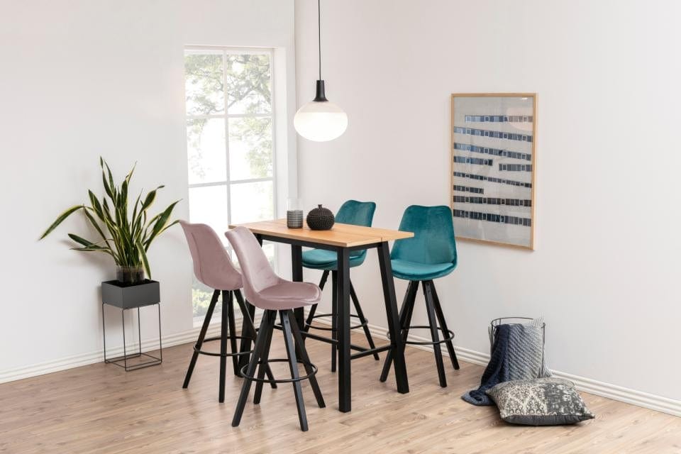 Set 2 scaune de bar tapitate cu stofa si picioare din lemn de cauciuc Dima Velvet Roz Inchis / Negru, l48,5xA55xH111,5 cm (1)