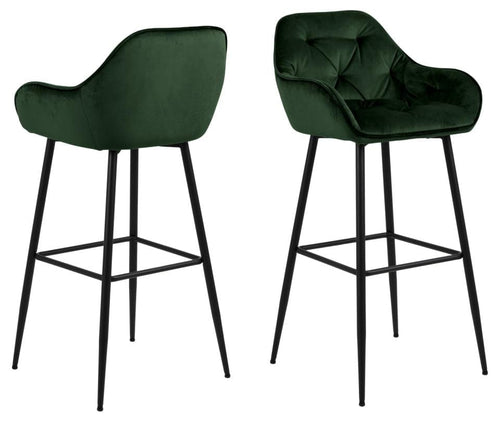 Actona Set 2 scaune de bar tapitate cu stofa si picioare metalice, Brooke Velvet Verde / Negru, l52xA53xH104 cm