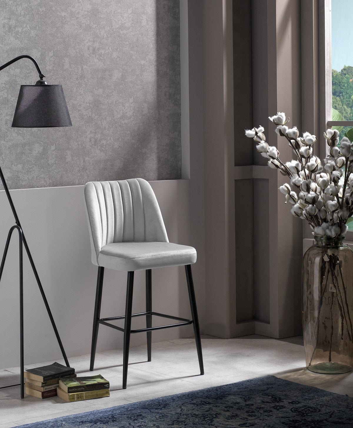 Asir Set 2 scaune de bar tapitate cu stofa si picioare metalice, Vento Velvet Gri Deschis / Negru, l49xA45xH99 cm