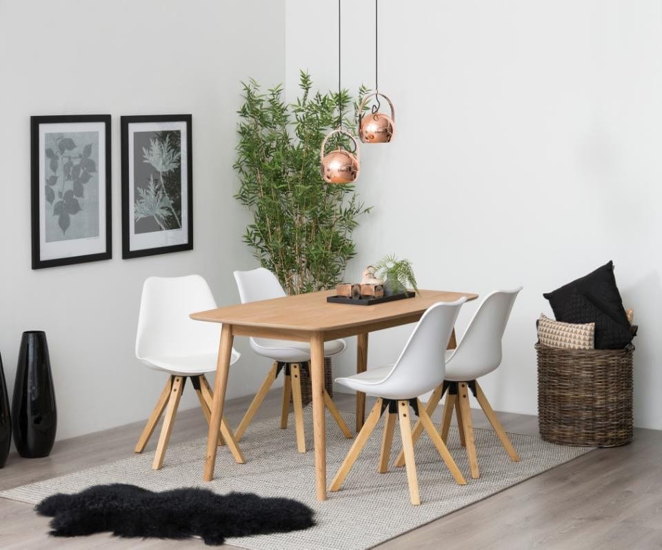 Set 2 scaune din plastic, sezut tapitat cu piele ecologica si picioare din lemn de cauciuc Dima Alb / Stejar, l48,5xA55xH85 cm (2)