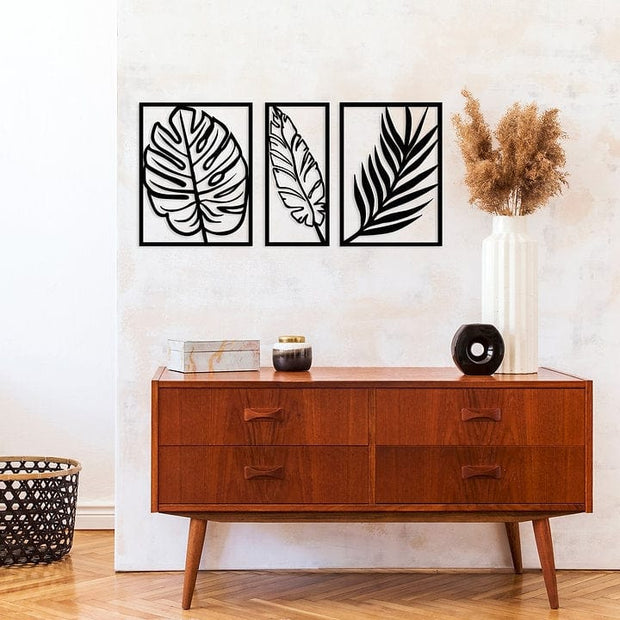 Asir Set 3 decoratiuni metalice de perete, Leaf 2 Negru, l80xA1,5xH38 cm