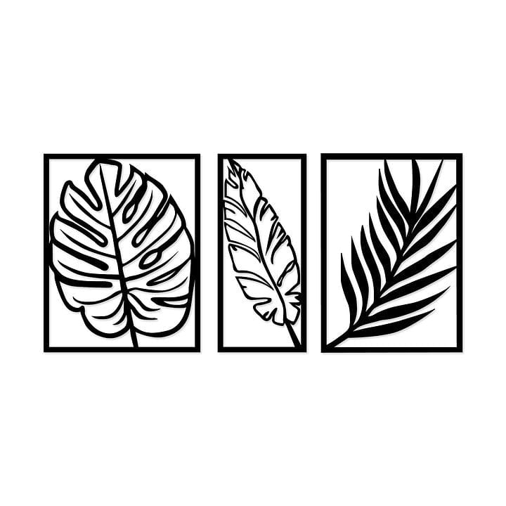 Asir Set 3 decoratiuni metalice de perete, Leaf 2 Negru, l80xA1,5xH38 cm