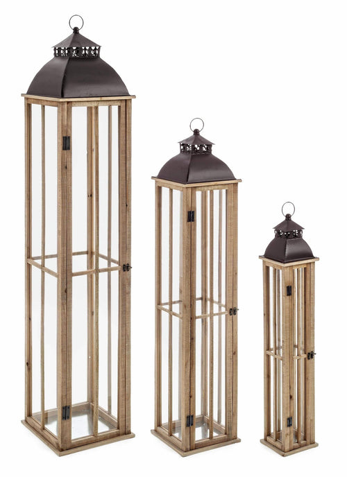 Set 3 felinare decorative din lemn, sticla si metal, Helsinki Natural, L15,5xl15,5xH87 cm / L22xl22xH114 cm / L30xl30xH144 cm