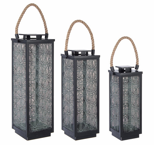 Set 3 felinare decorative din metal, Hamisi Square Negru, L16xl16xH46 cm / L18xl18xH57 cm / L21xl21xH67 cm