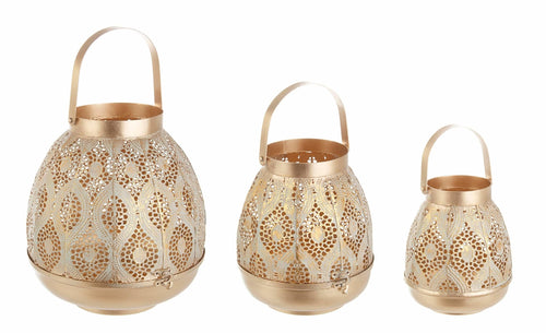 Set 3 felinare decorative din metal, Namid Auriu Antichizat, Ø15xH17 cm / Ø20xH22 cm / Ø26xH28 cm