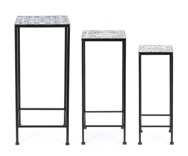 Set 3 masute suport flori din ceramica si metal, Erice Square Multicolor / Negru, L28xl28xH68 cm / L23xl23xH57 cm / L18xl18xH51 cm (1)