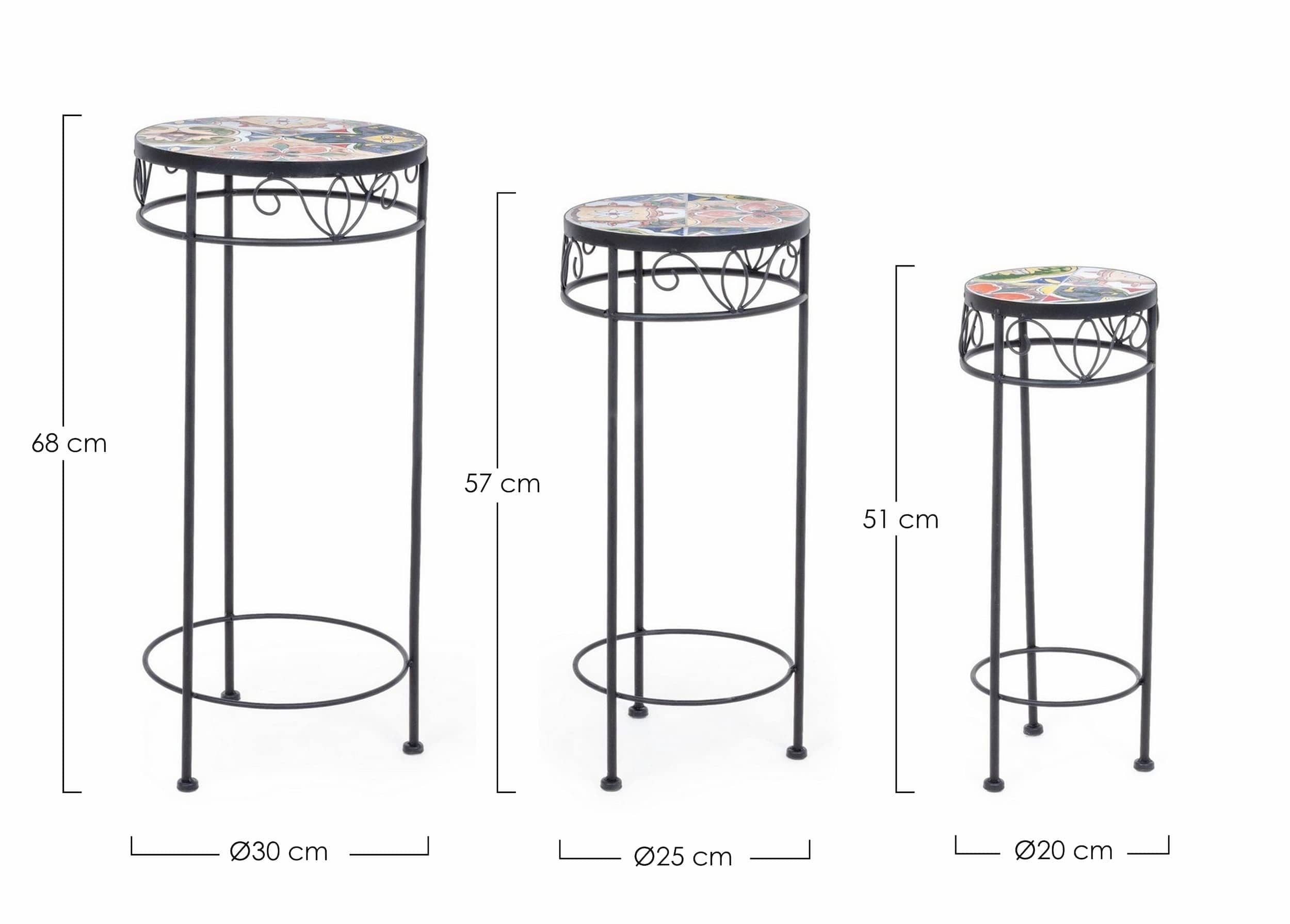 Set 3 masute suport flori din ceramica si metal, Paloma Round Multicolor / Negru, Ø30xH68 cm / Ø25xH57 cm / Ø20xH51 cm (4)