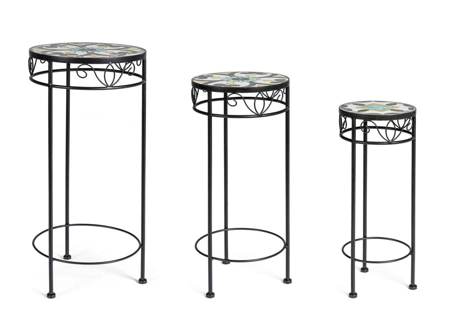 Bizzotto Set 3 masute suport flori din ceramica si metal, Positano Round Multicolor / Negru, Ø20xH51 cm / Ø25xH57 cm / Ø30xH68 cm