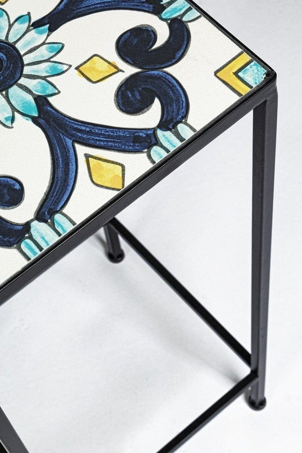 Set 3 masute suport flori din ceramica si metal, Positano Square Multicolor / Negru, L28xl28xH68 cm / L23xl23xH57 cm / L18xl18xH51 cm (2)