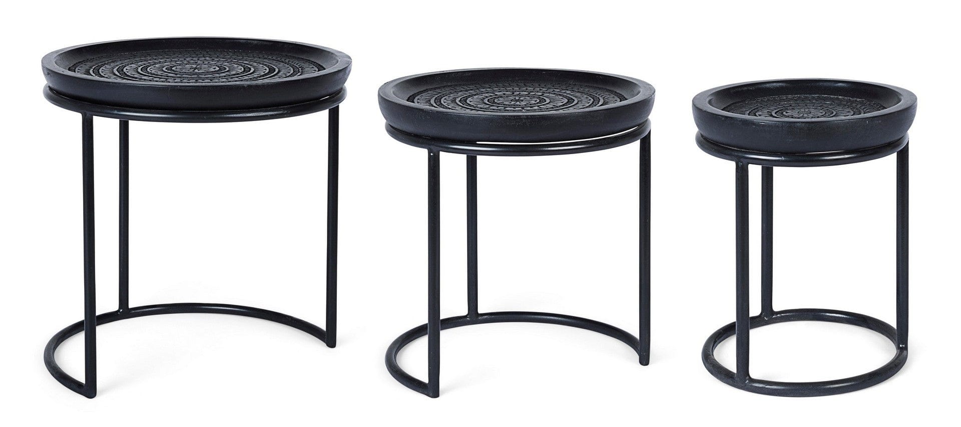Bizzotto Set 3 mese de cafea din lemn de mango si metal Kirtan Round Negru, Ø45xH46 cm / Ø38xH41 cm / Ø28xH36 cm