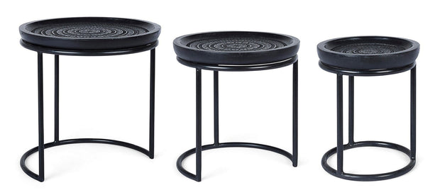 Bizzotto Set 3 mese de cafea din lemn de mango si metal Kirtan Round Negru, Ø45xH46 cm / Ø38xH41 cm / Ø28xH36 cm