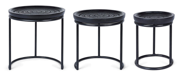 Set 3 mese de cafea din lemn de mango si metal Kirtan Round Negru, Ø45xH46 cm / Ø38xH41 cm / Ø28xH36 cm (2)