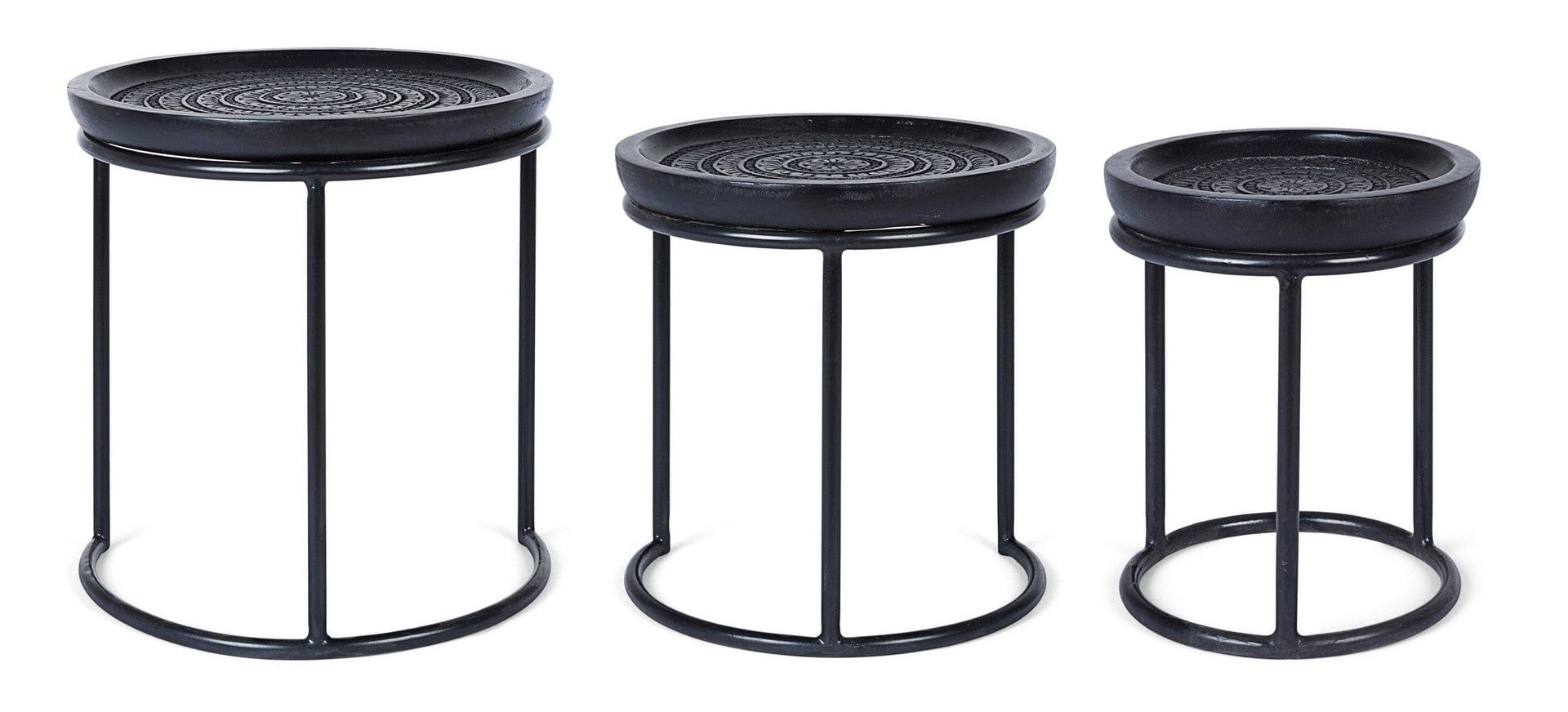 Set 3 mese de cafea din lemn de mango si metal Kirtan Round Negru, Ø45xH46 cm / Ø38xH41 cm / Ø28xH36 cm (3)
