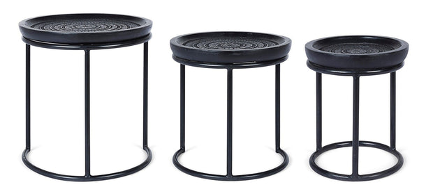 Set 3 mese de cafea din lemn de mango si metal Kirtan Round Negru, Ø45xH46 cm / Ø38xH41 cm / Ø28xH36 cm (3)