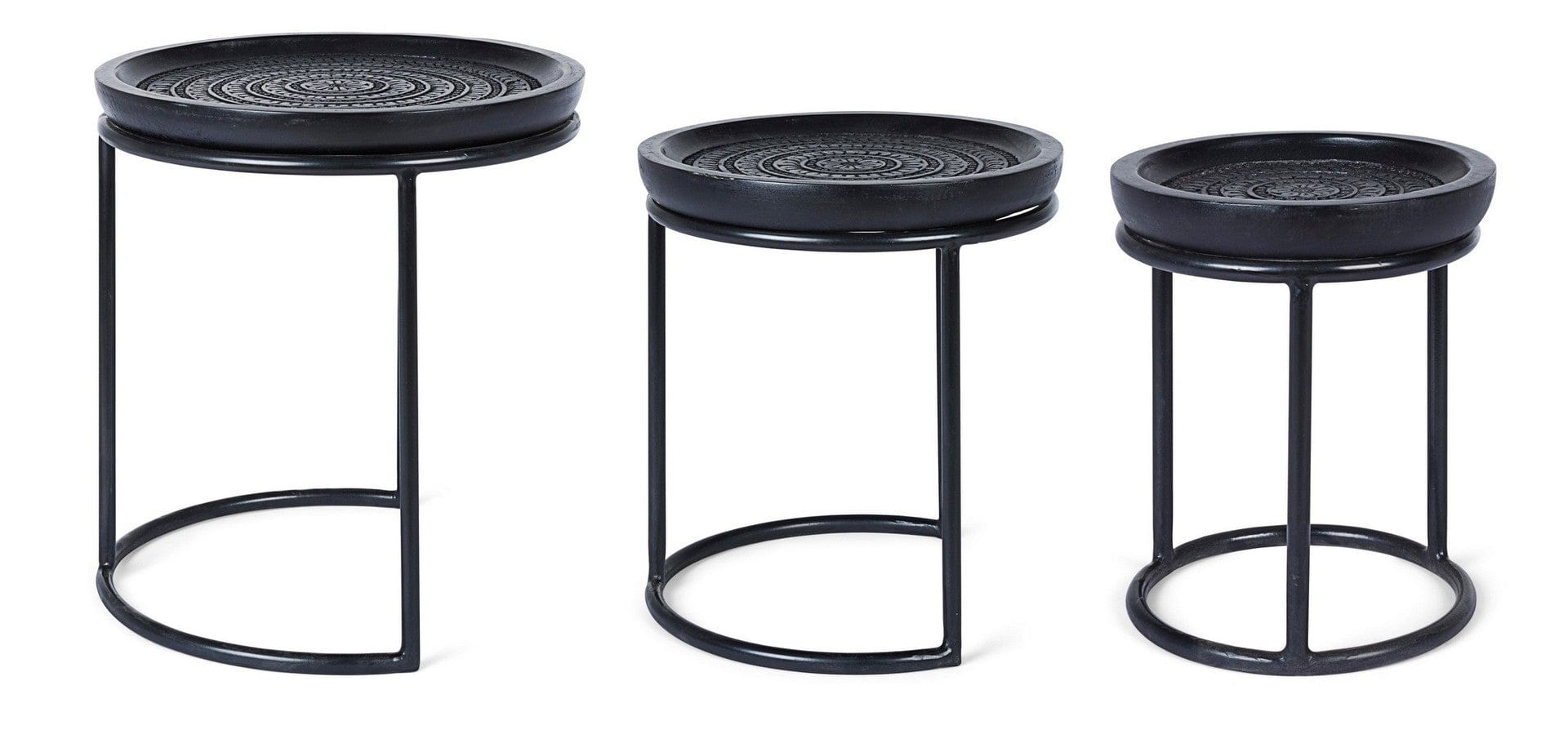 Set 3 mese de cafea din lemn de mango si metal Kirtan Round Negru, Ø45xH46 cm / Ø38xH41 cm / Ø28xH36 cm (4)