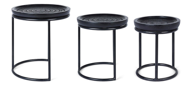 Set 3 mese de cafea din lemn de mango si metal Kirtan Round Negru, Ø45xH46 cm / Ø38xH41 cm / Ø28xH36 cm (4)