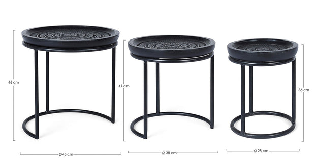 Bizzotto Set 3 mese de cafea din lemn de mango si metal Kirtan Round Negru, Ø45xH46 cm / Ø38xH41 cm / Ø28xH36 cm