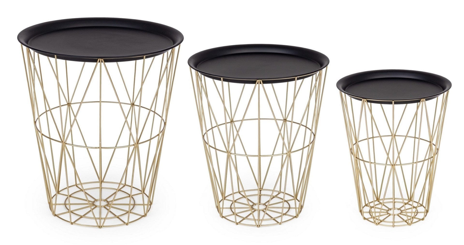 Set 3 mese de cafea din metal, cu spatiu de depozitare, Atom Negru / Auriu, Ø44xH51 cm / Ø39xH46 cm / Ø33xH41 cm (1)