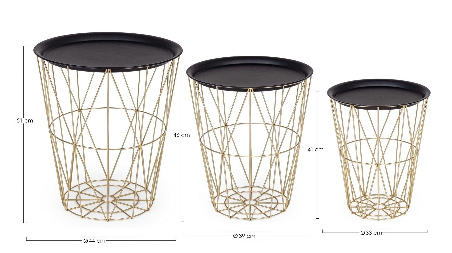 Set 3 mese de cafea din metal, cu spatiu de depozitare, Atom Negru / Auriu, Ø44xH51 cm / Ø39xH46 cm / Ø33xH41 cm (2)