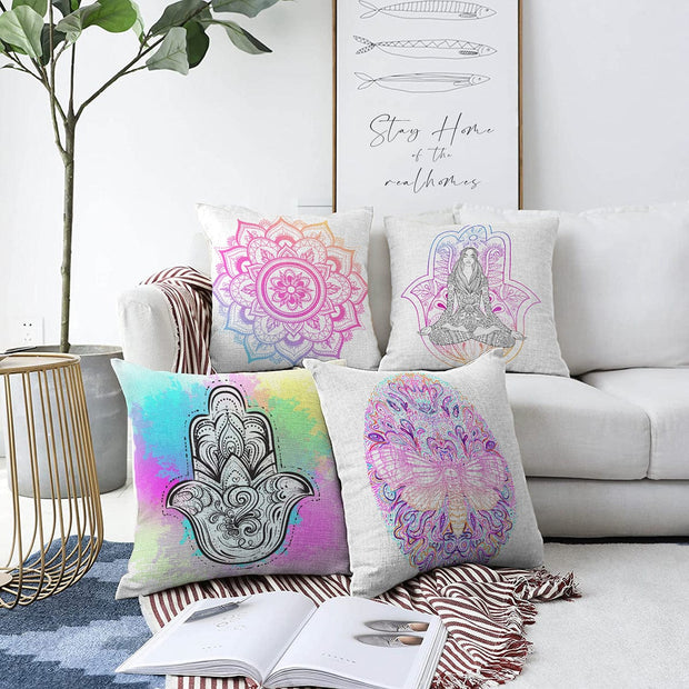 Hillkar Global Set 4 fete perna decorative din poliester si bumbac, Ebru RKYK178 Multicolor, 43 x 43 cm