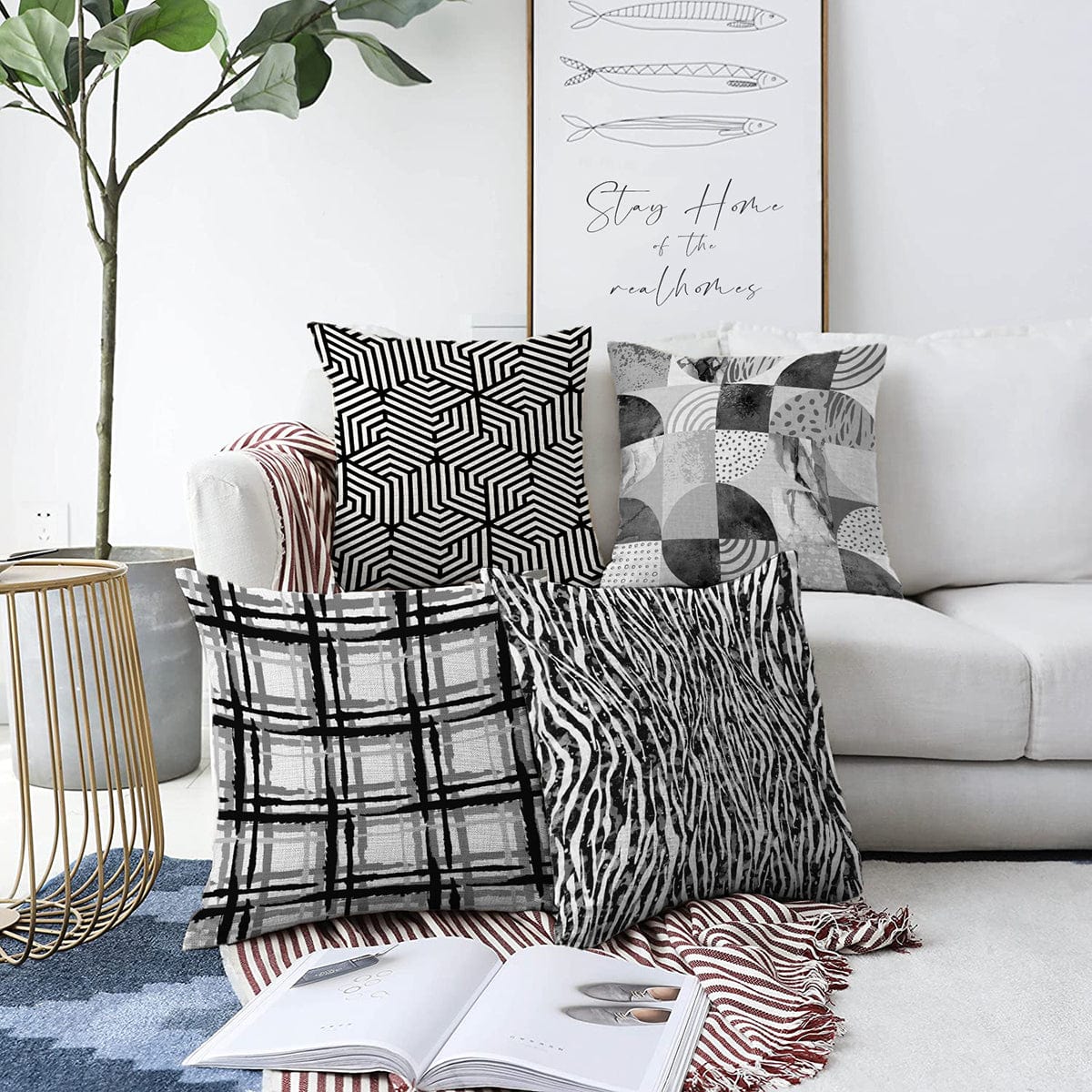 Hillkar Global Set 4 fete perna decorative din poliester si bumbac, Ebru RKYK206 Multicolor, 43 x 43 cm