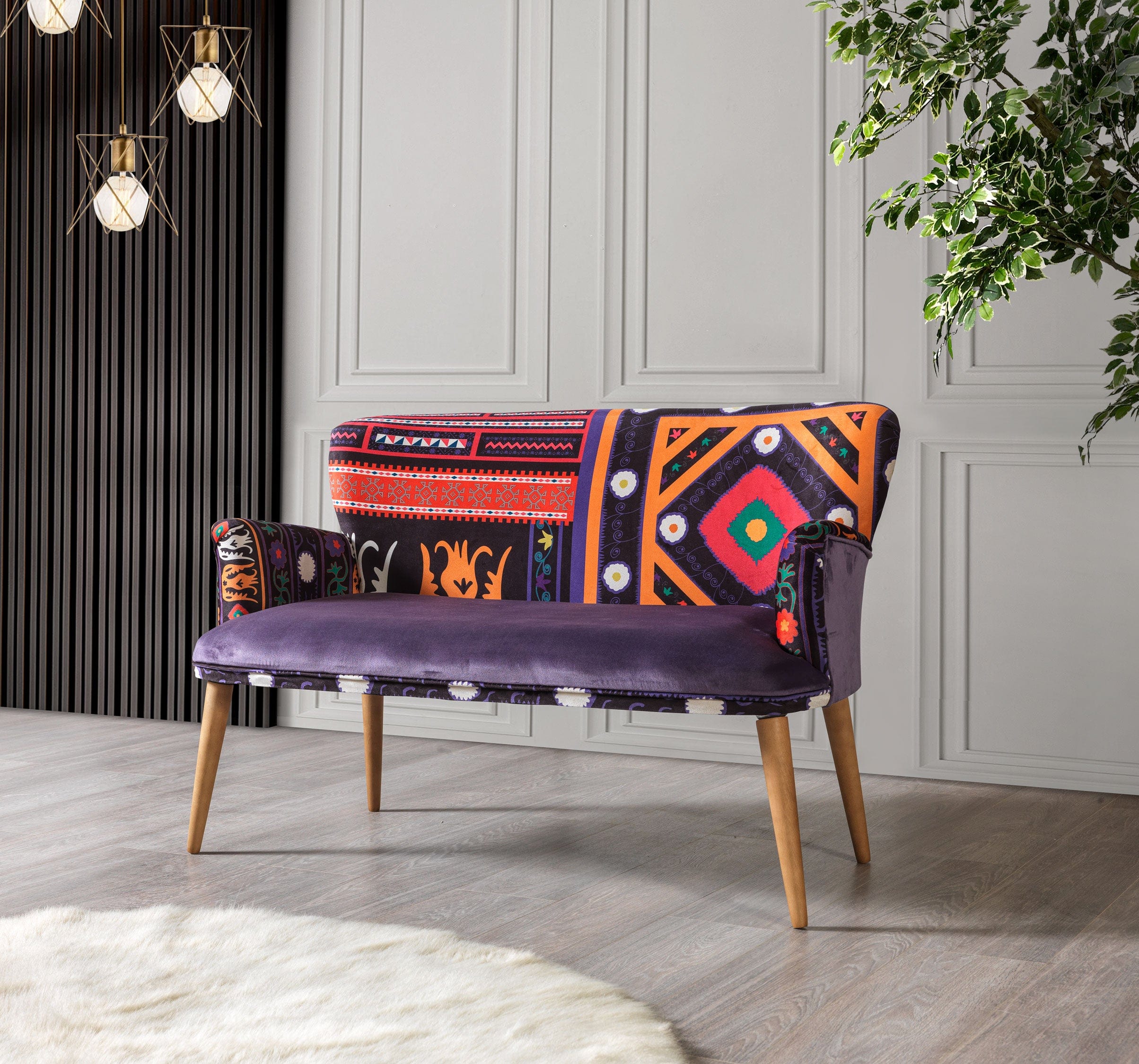 Set Canapea Fixa 2 Locuri + 2 Fotolii Fixe, Etnik Violet / Multicolor (1)