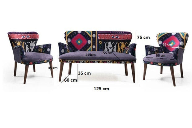 Set Canapea Fixa 2 Locuri + 2 Fotolii Fixe, Etnik Violet / Multicolor (3)