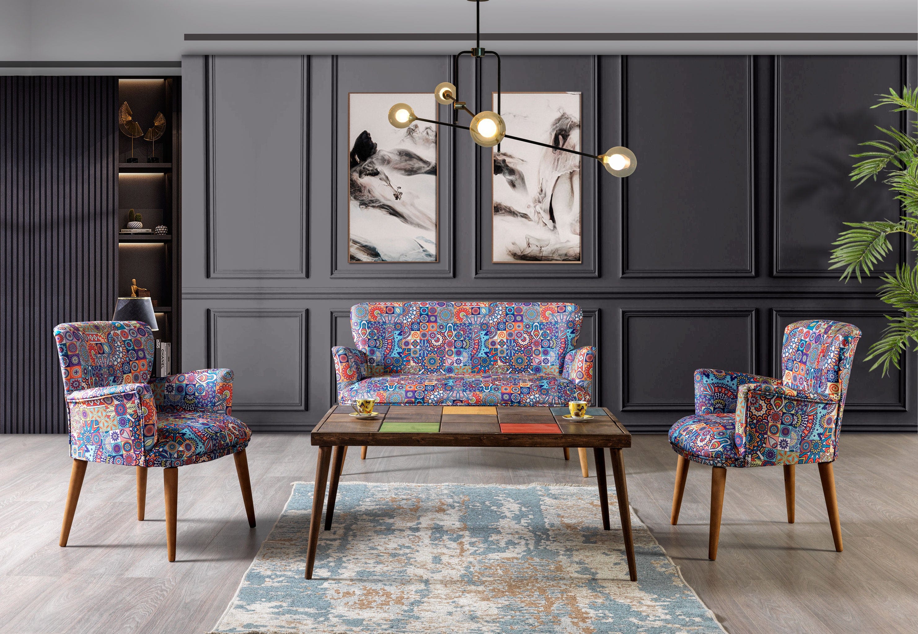 Oyo Set Canapea Fixa 2 Locuri + 2 Fotolii Fixe, Mihenk Multicolor