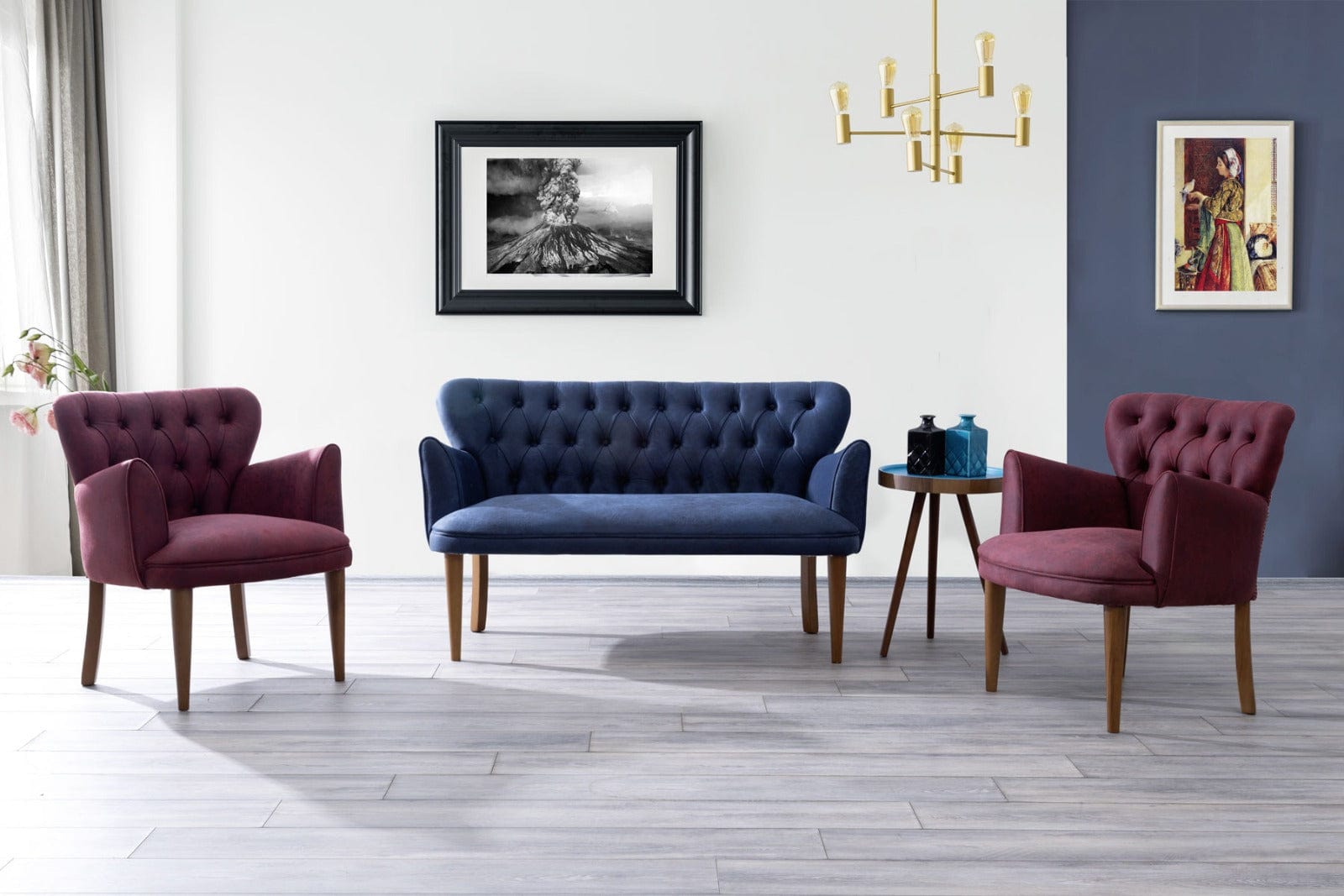 Set Canapea Fixa 2 Locuri + 2 Fotolii Fixe, Vega Bleumarin / Burgundy