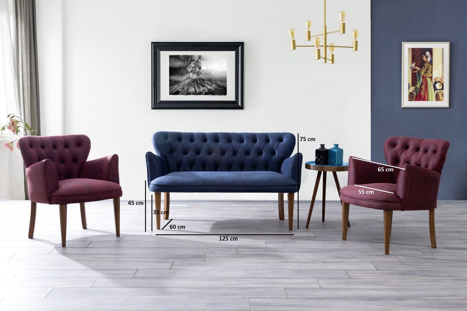 Set Canapea Fixa 2 Locuri + 2 Fotolii Fixe, Vega Bleumarin / Burgundy (3)