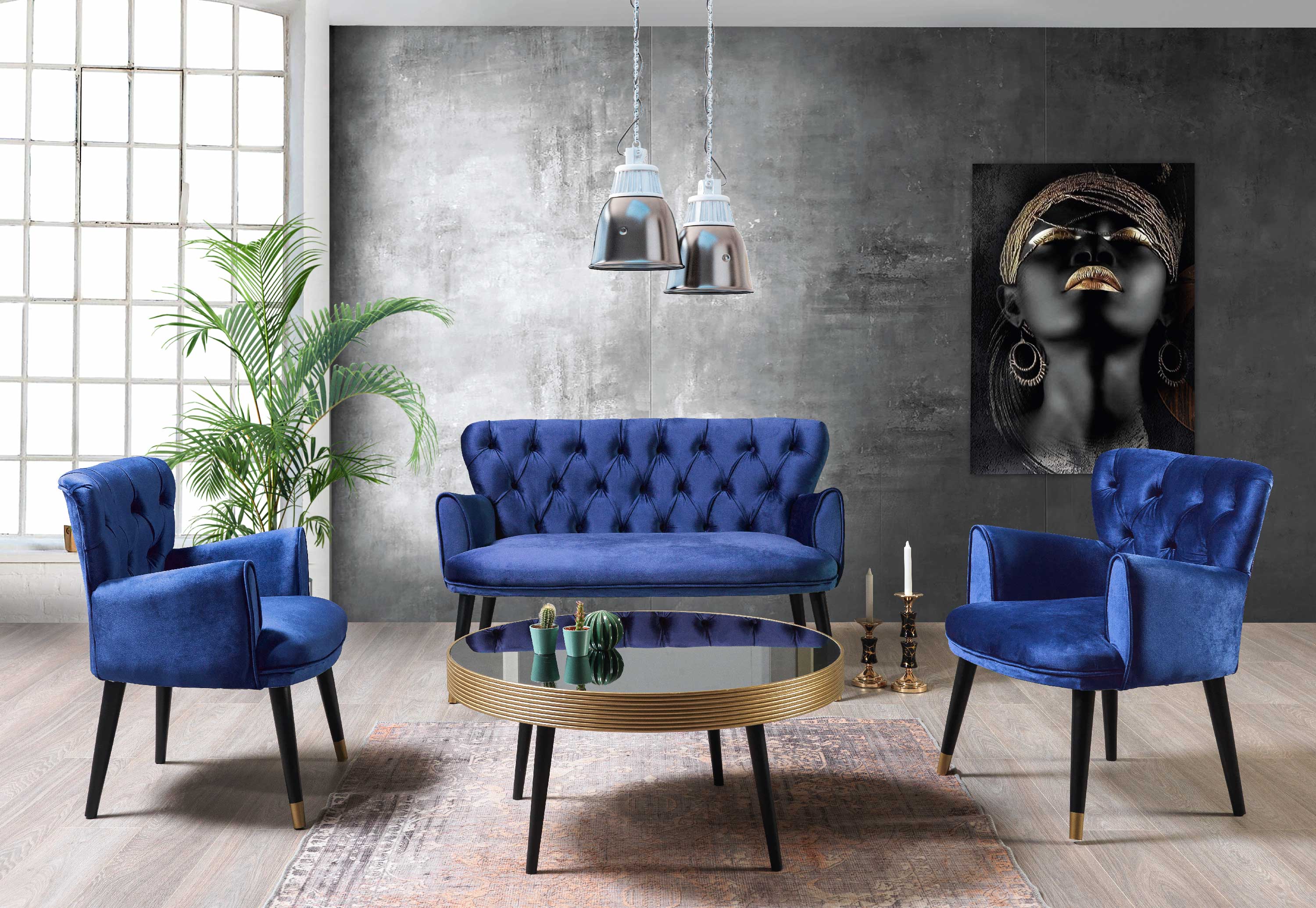 Set Canapea Fixa 2 Locuri + 2 Fotolii Fixe, Vegas Bleumarin