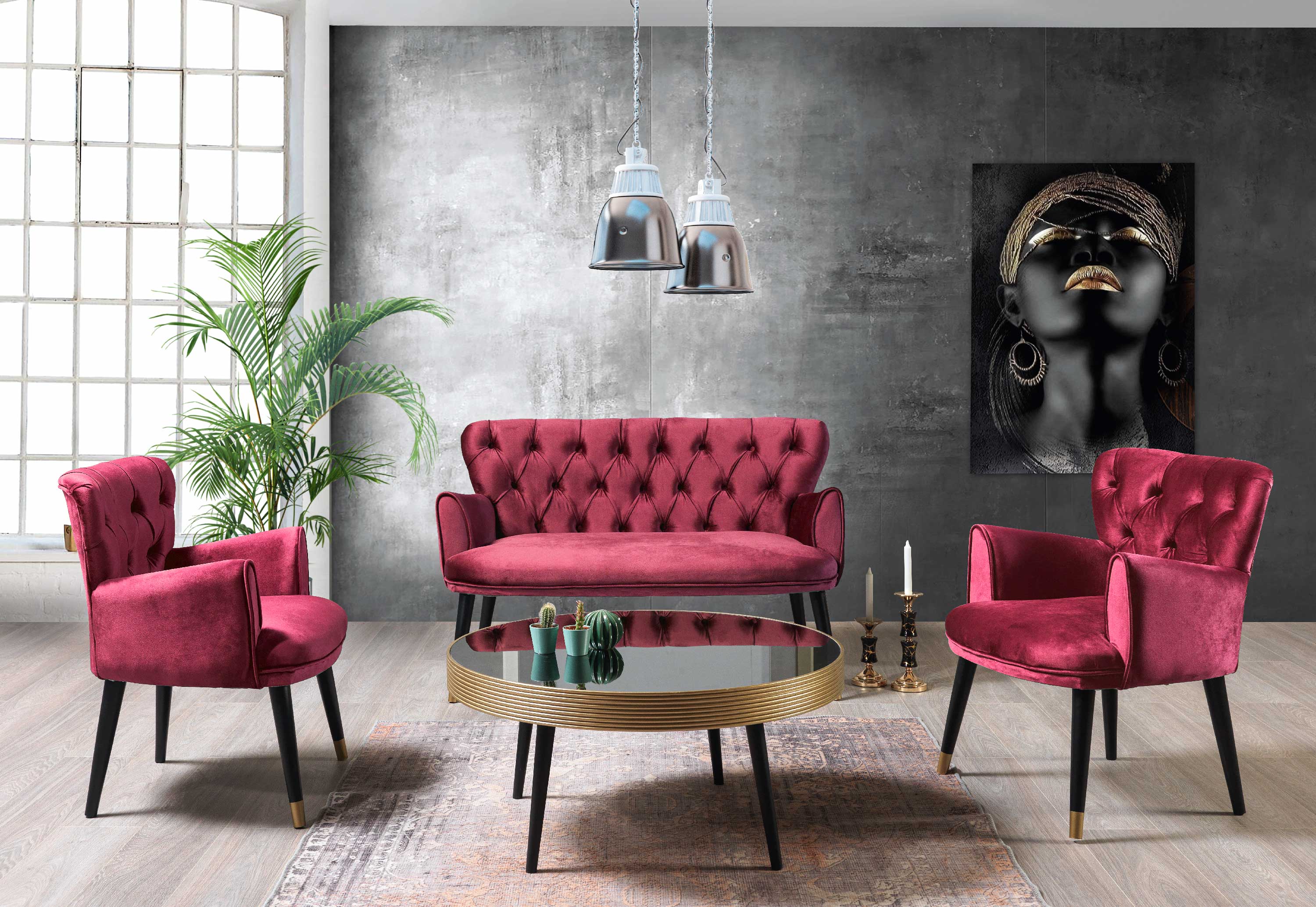 Set Canapea Fixa 2 Locuri + 2 Fotolii Fixe, Vegas Burgundy