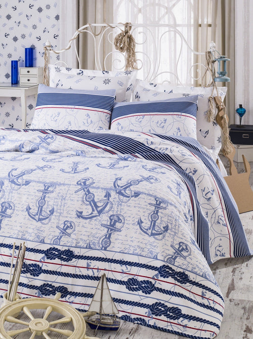 Asir Set cuvertura de pat, Ancora Albastru / Alb, 4 piese, 200 x 235 cm