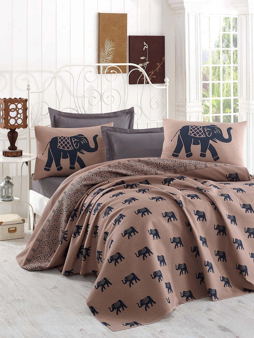 Asir Set cuvertura de pat din bumbac, Fil Maro / Bleumarin, 4 piese, 200 x 235 cm