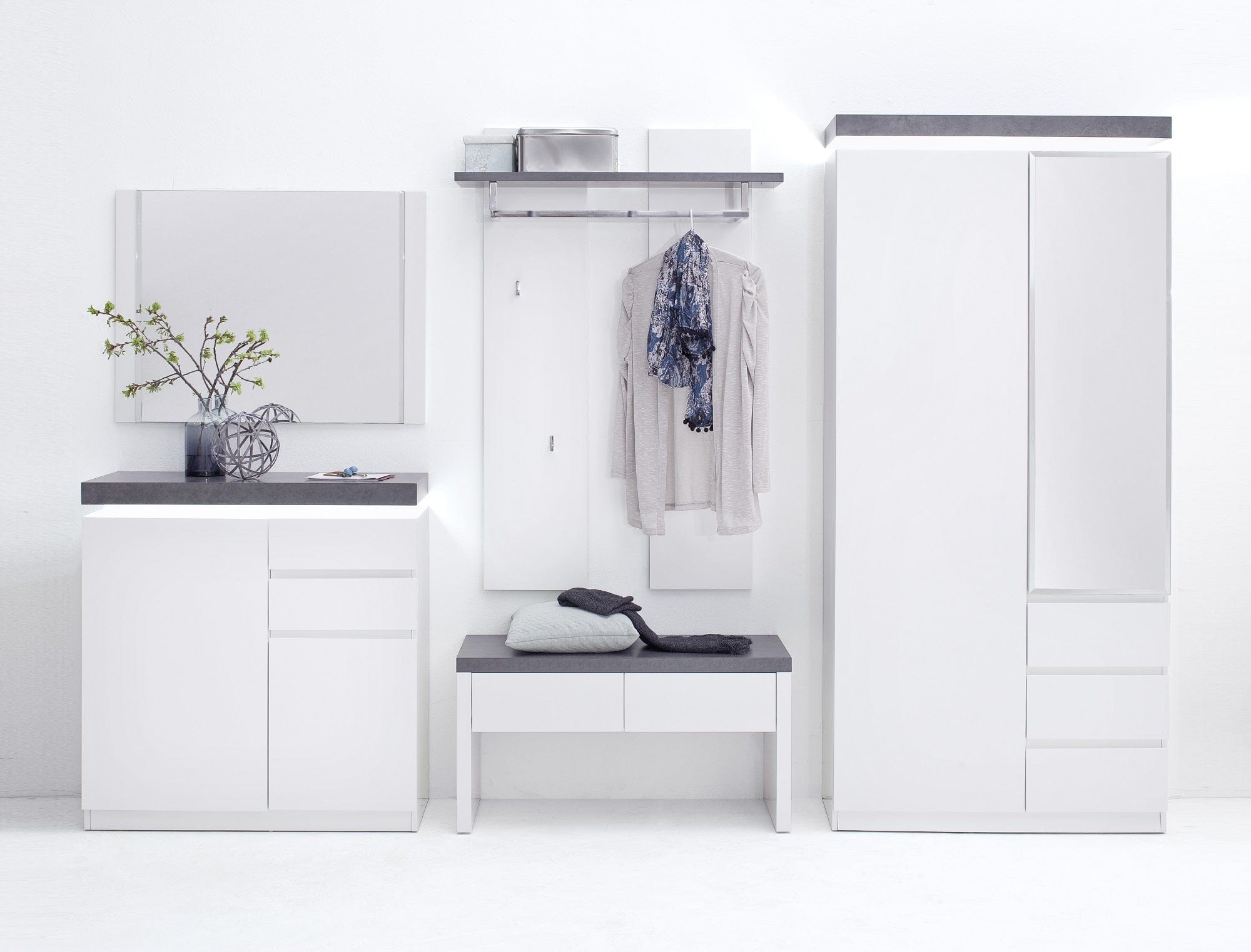 Set de mobila hol din MDF, cu LED inclus, 5 piese, Atlanta Alb / Gri inchis (2)