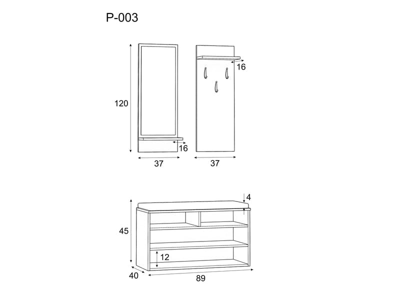 Set de mobila hol din pal, 3 piese, Peer-003 Alb Mat (2)