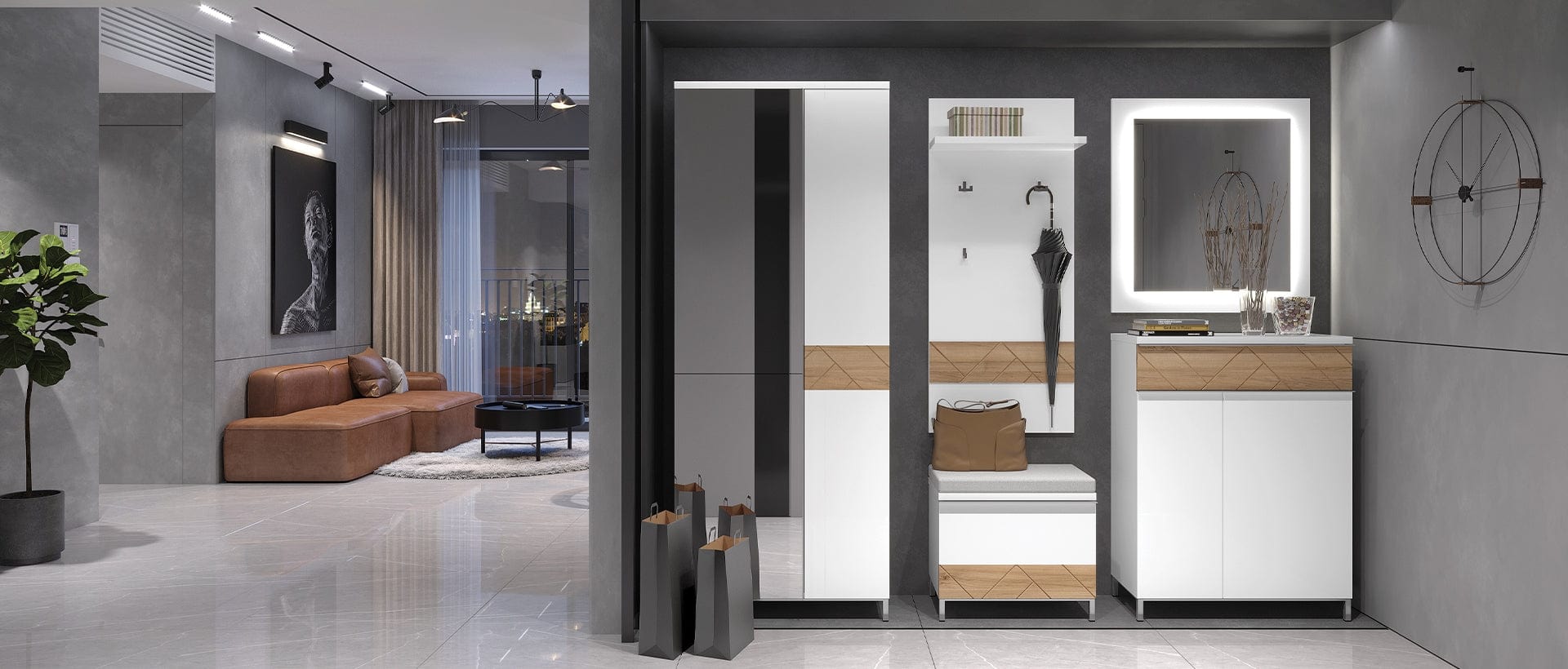 Set de mobila hol din pal si MDF, 5 piese, Avis Alb / Nuc Pacific (1)