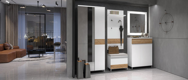 Set de mobila hol din pal si MDF, 5 piese, Avis Alb / Nuc Pacific (2)