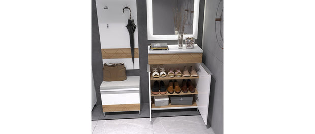 Set de mobila hol din pal si MDF, 5 piese, Avis Alb / Nuc Pacific (3)